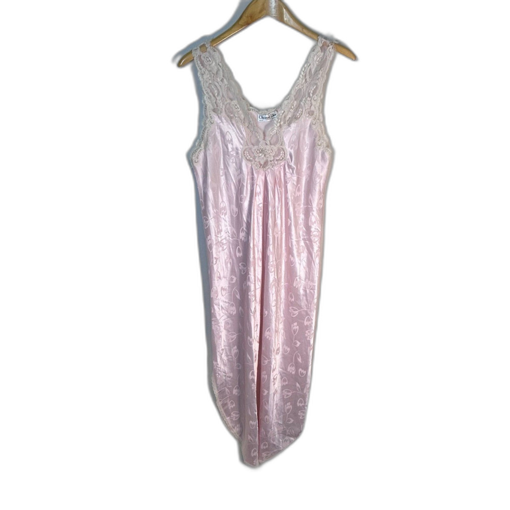 VTG Christian Dior Women's Pink Floral Jacquard Satin Lace Trim Nightgown Sz M - Picture 2 of 15